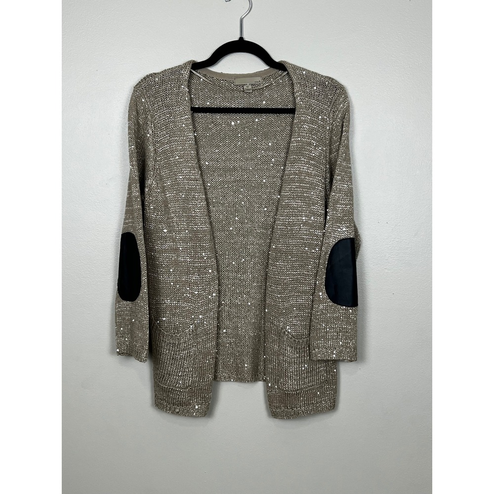oneA Women Taupe Sequin Open‎ Front Cardigan Elbow Patch Knit Sweater M 56202TJ